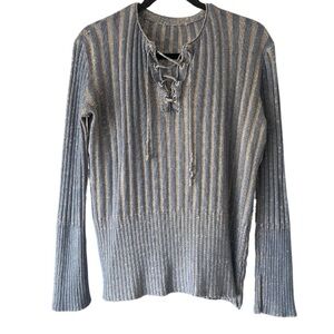 70s Vintage Blue and Tan Striped Knit Sweater Size Small